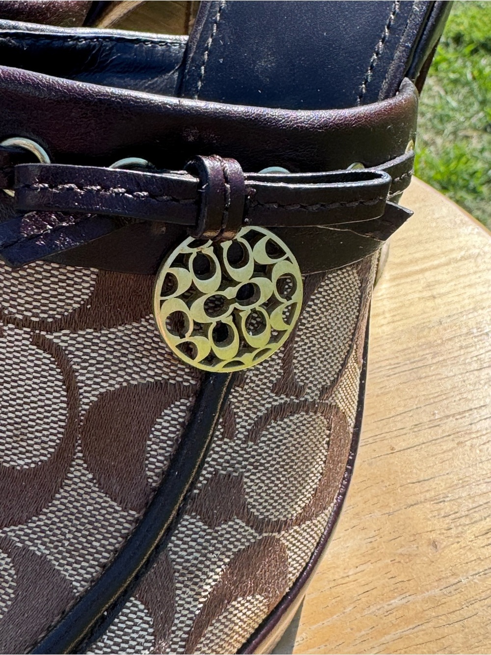 Ladies Coach Signature Canvas Brown Platform Mule Heels - Picture 3 of 10